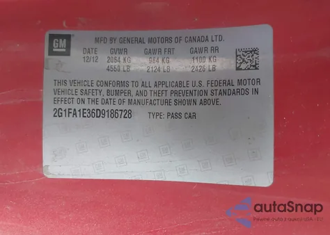 2013 Chevrolet Camaro 2Ls z USA, uszkodzony, nr VIN 2G1FA1E36D9186728